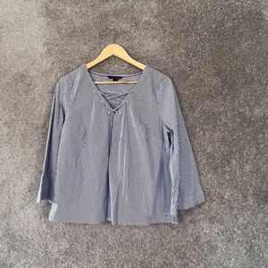 Tommy Hilfiger Shirt Womens Large Blue Striped 3/4 Sleeve Criss Cross Front Top